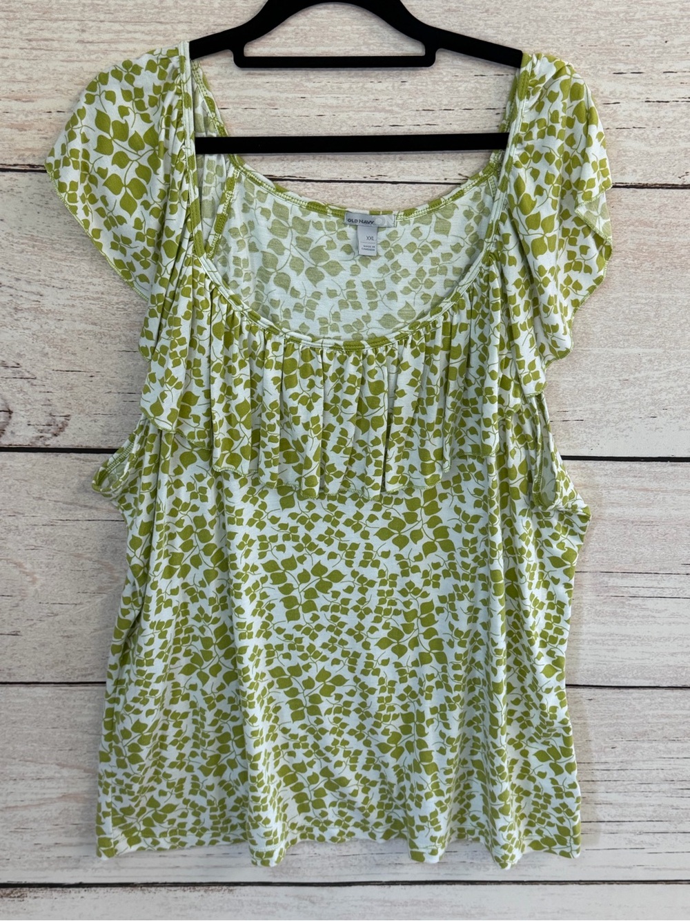 Old Navy White and Light Green Leaf-Print Ruffle Scoop Neck Blouse